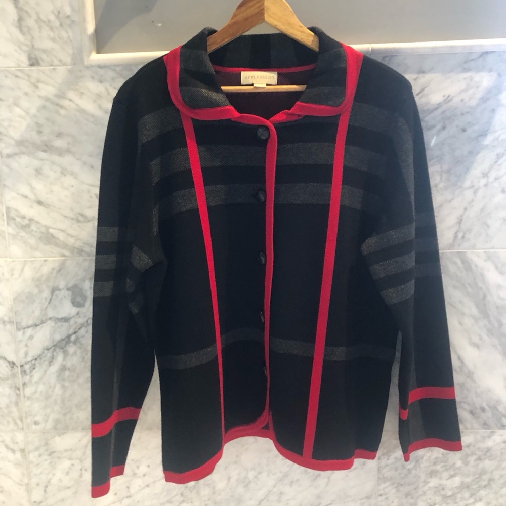 Appleseed’s classic navy jacket with red trim, Large